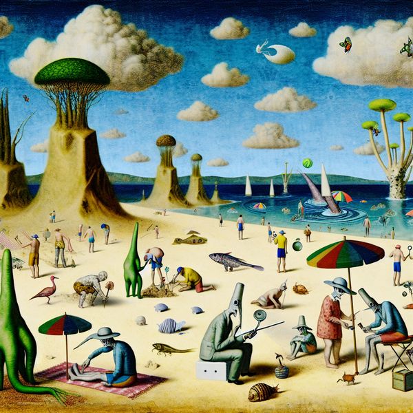 Surrealistisch Strandlandschap Door Hieronymus Bosch-Inspiratie Een surrealistisch stranddecor met bizarre wezens en figuren die verschillende strandactiviteiten ondernemen, geïnspireerd door Hieronymus Bosch.