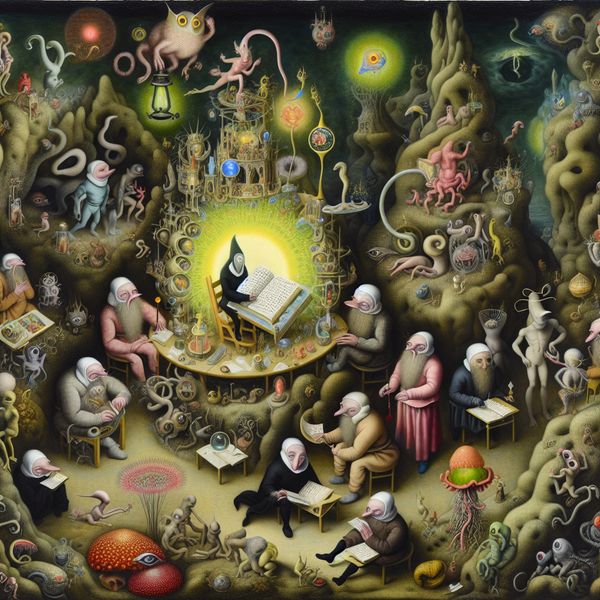 Surrealistisch tafereel geïnspireerd door Hieronymus Bosch Een surrealistisch tafereel met fantasierijke wezens die een gloeiende rol in het midden vasthouden, terwijl andere wezens toekijken en aantekeningen maken op perkament.