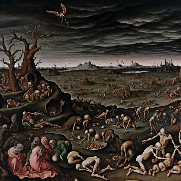 Honger en voedseltekort: surrealistische weergave van een hongersnood Surrealistisch tafereel van honger en voedseltekort in de stijl van Hieronymus Bosch met uitgemergelde figuren en een bar landschap