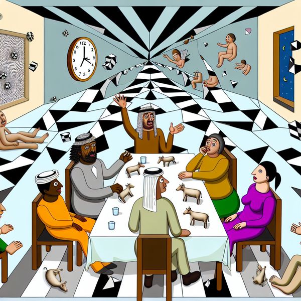 Surrealistisch tafereel van onsamenhangend gesprek Groep mensen rond een tafel in een surrealistische, geometrische omgeving met verwarrende vormen en objecten die triviale onderwerpen uitbeelden.