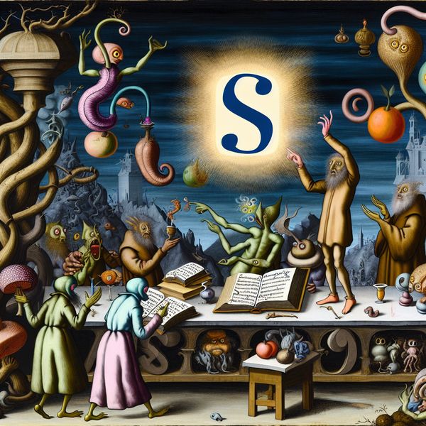 Surrealistisch tafereel van dialect en spreektaal Een surrealistisch tafereel geïnspireerd door Hieronymus Bosch, met fantasierijke wezens rond een gedetailleerde tafel, waar een groot manuscript het symbool 's' toont.