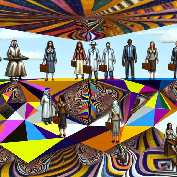 Een surrealistisch kunstwerk geïnspireerd door M.C. Escher, met een diverse groep mensen die op geometrische platforms staan, elk symboliserend hun unieke rol binnen het team.