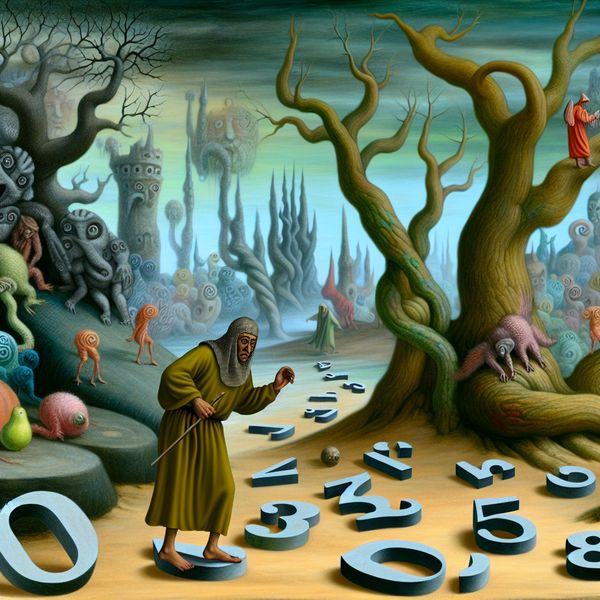 Surrealistisch landschap met tellende persoon en bizarre creaties Een persoon die op gigantische surrealistische cijfers stapt in een bizarre omgeving vol afleidingen.