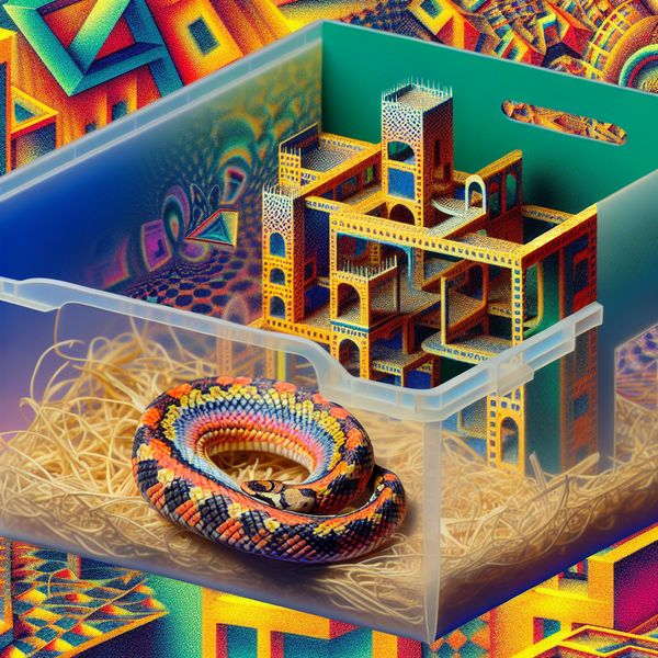Surrealistisch Terrarium met Pet Slang Een kleine pet slang in een geometrisch terrarium met surrealistische patronen en illusies geïnspireerd door M.C. Escher