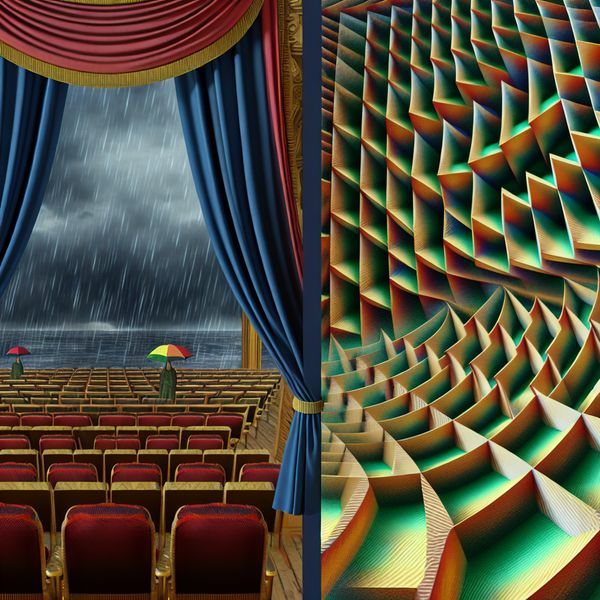 Surrealistisch Theater met Teleurstelling door Geannuleerde Voorstelling Een surrealistisch theater met een gesloten gordijn, waarin de regenstorm buiten te zien is, symboliseert teleurstelling over een geannuleerde voorstelling.
