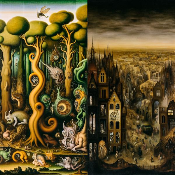 Surrealistisch tijdsverloop: van ooit naar heden in Bosch-stijl voor taalverrijking Surrealistisch landschap in de stijl van Hieronymus Bosch dat de transformatie van een oude, mysterieuze wildernis naar een moderne stad toont, met hybride wezens en tijdloze details