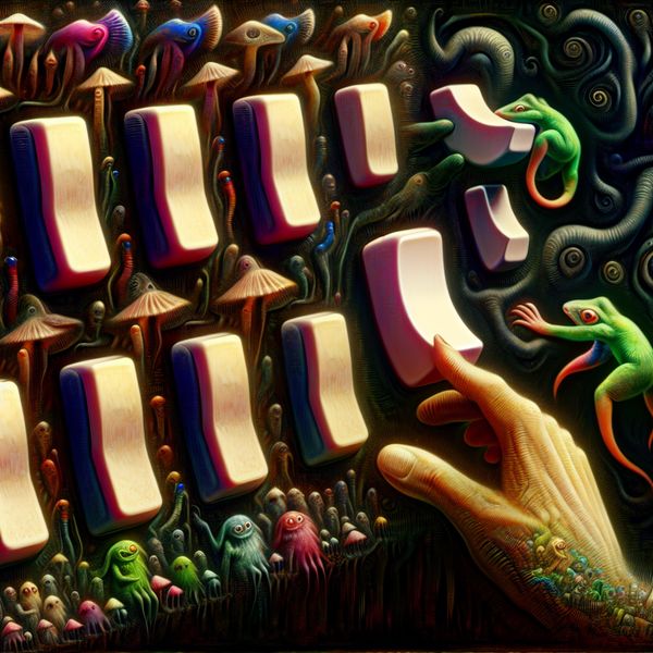 Surrealistisch Toetsenbord met Kleine Toetsen en Fantastische Wezens Een surrealistisch beeld van een fantasie toetsenbord met kleine toetsen en vreemde wezens die interactie hebben met de toetsen.