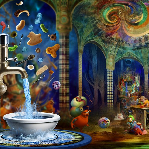 Surrealistisch Toilet in een Fantasierijke Badkamer Een surrealistisch toilet in een fantasierijke badkamer, omringd door bizarre wezens en kleurrijke waterstralen.