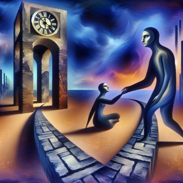 Abstract surrealistisch tafereel van twee gestileerde figuren aan weerszijden van een grote lege klokkentoren, met een hyper-realistische stad op de achtergrond