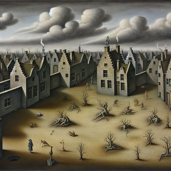 Surrealistisch verlaten dorp in de stijl van Hieronymus Bosch Surrealistische afbeelding van een verlaten dorp met weerloze huizen en vreemde wezens, in de stijl van Hieronymus Bosch.