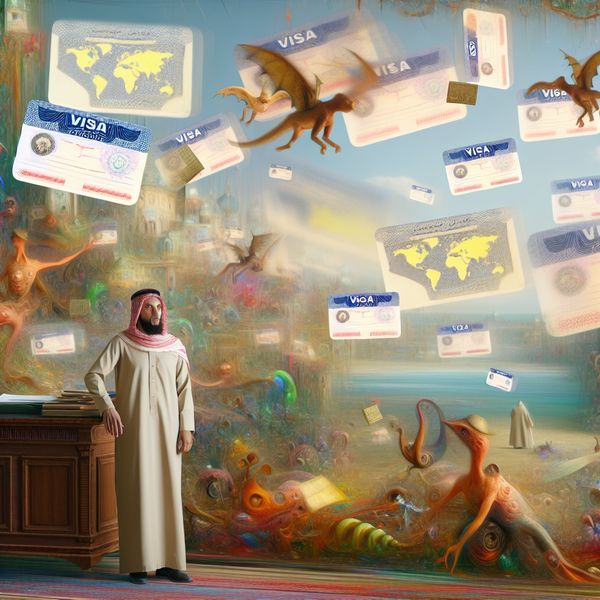 Een surrealistisch tafereel met een persoon voor een complexe bureautafel vol met vreemde wezens en vliegende documenten, die verschillende culturen vertegenwoordigen.