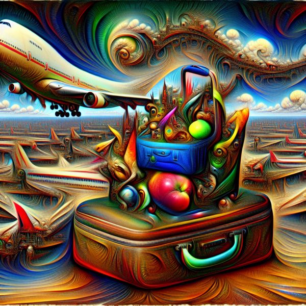 Surrealistisch Airport met Fantasievolle Koffer en Creatures Een surrealistisch beeld van een open koffer vol kleurrijke veren, vreemde vruchten en speelse snuisterijen, met een fantasierijk vliegveld op de achtergrond.