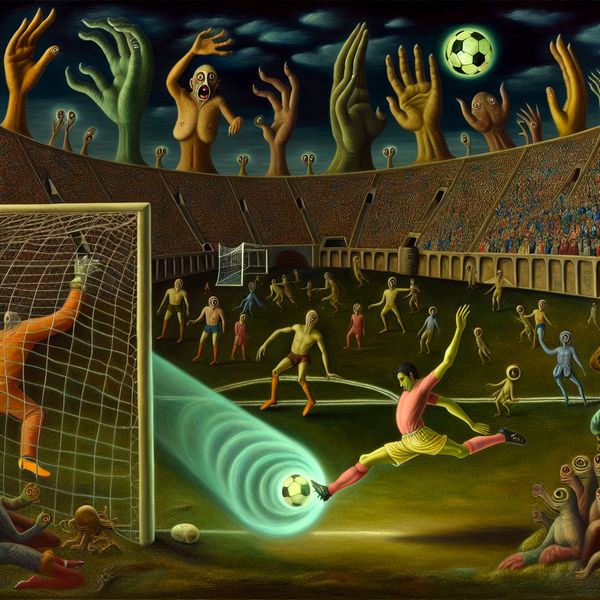 Surrealistische voetbalwedstrijd in de stijl van Jheronimus Bosch, waarbij een speler een gloeiende bal in de hoek van het doel schiet, bewaakt door bizarre hybride wezens