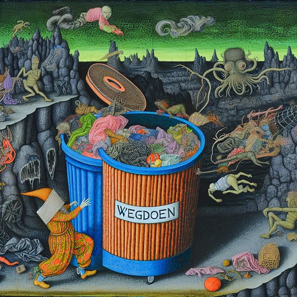 Een surrealistisch tafereel van een figuur die allerlei ongewenste voorwerpen, zoals kapotte speelgoed en oude kleren, in een grote afvalbak gooit, omringd door bizarre wezens en een vreemde lucht.