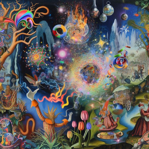Surrealistisch wezen dat de drang om nieuwe ervaringen te verkennen uitbeeldt Een surrealistisch wezen dat de drang om iets te proberen verbeeldt, reikt naar een kleurrijk bordspel te midden van bizarre elementen.