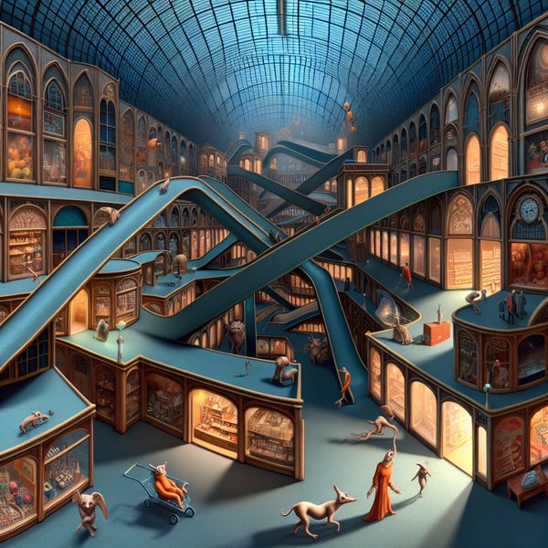 Surrealistisch winkelcentrum: droomachtige winkelervaring in Bosch-stijl Surrealistisch winkelcentrum in de stijl van Jheronimus Bosch met bizarre details, spiraalvormige roltrappen en hybride winkelende figuren