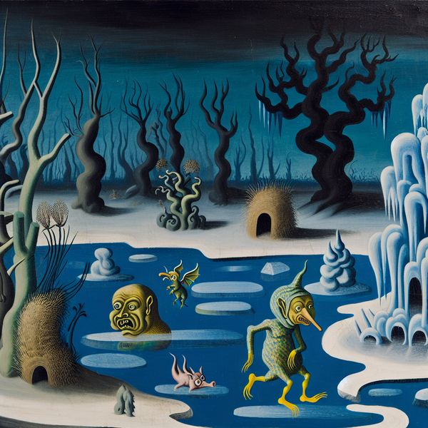 Surreal winter landscape with a frozen pond and peculiar creatures interacting with the ice.