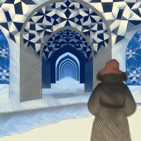 Surrealistische winterlandschap met geometrische elementen Surreal winter landscape with a figure under an archway, snowflakes and trees in the background