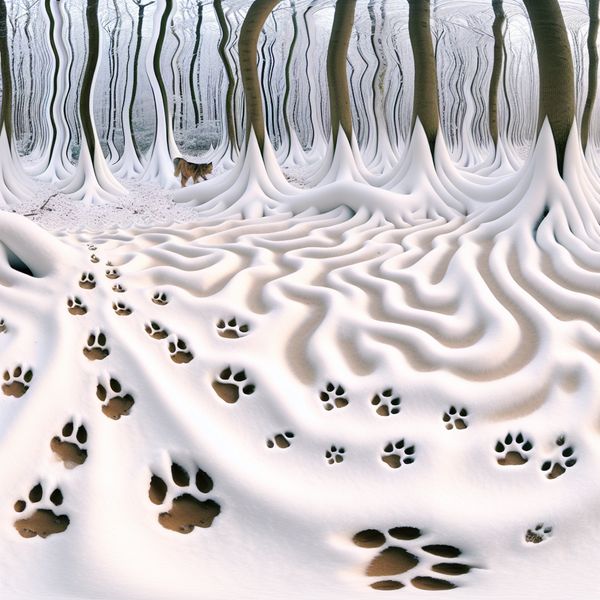 Surrealistisch winterlandschap met dierenafdrukken Surreal winter landscape with intricate animal tracks in snow, showcasing Escher's geometric precision.