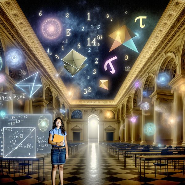 Wiskunde leren in een surrealistisch klaslokaal: de schoonheid van getallen en vormen Hyperrealistisch surrealistisch klaslokaal met zwevende wiskundige symbolen en geometrische vormen, waarin een zelfverzekerd meisje met een gloeiend rapport staat
