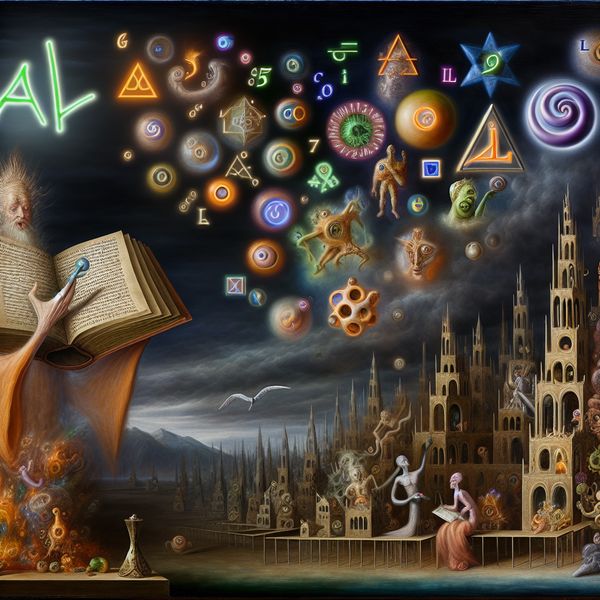 Surrealistisch wiskundig landschap geïnspireerd door Hieronymus Bosch Een surrealistisch landschap met een reusachtige figuur die een wiskundig boek vasthoudt, omringd door kleurrijke wezens die wiskundige symbolen vertegenwoordigen.