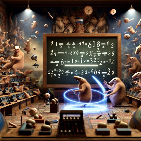 Wiskundige vergelijking oplossen in surrealistisch klaslokaal met hybride wezens Surrealistisch klaslokaal in de stijl van Hieronymus Bosch waar hybride wezens een wiskundige vergelijking oplossen op een zwevend schoolbord met gloeiend krijt