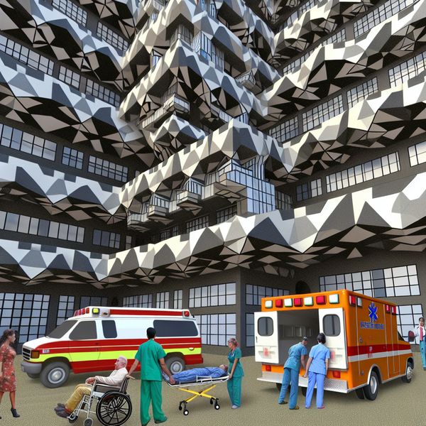 Surrealistisch ziekenhuis met optische illusies en levendige activiteit Surrealistisch ziekenhuisgebouw met geometrische vormen en optische illusies, ambulance en medisch personeel in beweeglijke omgeving.