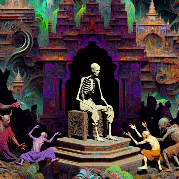 Surrealistische afbeelding van een zwak karakter in een fantasiewereld Surrealistische afbeelding van een zwak en besluiteloos karakter dat op een instortende troon zit, omringd door vreemde wezens die indecision symboliseren.