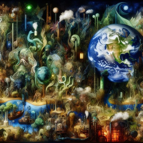Surrealistische Aarde: Planeet met Mensen, Dieren en Milieuproblemen in Bosch-stijl Surrealistische voorstelling van de planeet Aarde in de stijl van Hieronymus Bosch, met zeven continenten vol bizarre wezens, fabrieken, vervuiling en natuurlijke elementen in een complexe harmonie