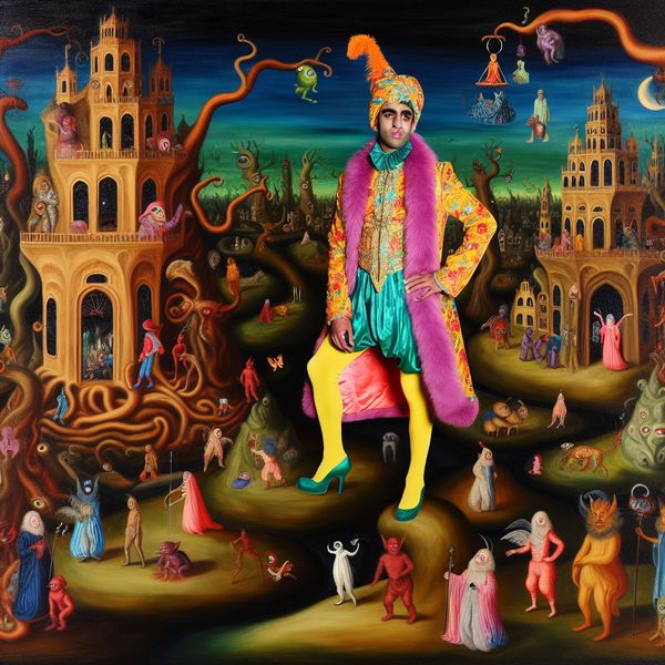 Surrealistische afbeelding van volwassenheid en vrijheid Een surrealistisch tafereel met een torenhoge figuur die de volwassenheid vertegenwoordigt, omringd door bizarre wezens en gebouwen.