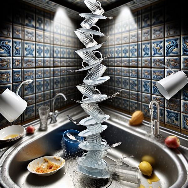 Afwas na het eten: surrealistische stapel vuile vaat in de gootsteen Surrealistische gootsteen met een onmogelijke spiraal van vuile borden, glazen en pannen na het eten, geïnspireerd op M.C. Escher