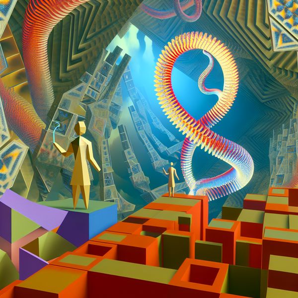 Surrealistische afwijzing van een voorstel in Escher-stijl Een surrealistische scène geïnspireerd door M.C. Escher, met een zelfverzekerde figuur die een swirling aanbod afwijst in een complexe, geometrische omgeving.