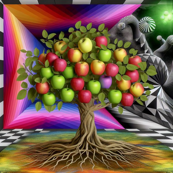 Surrealistische afbeelding van een appelboom met felgekleurde appels en één grijze appel, omringd door geometrische patronen in de stijl van M.C. Escher.