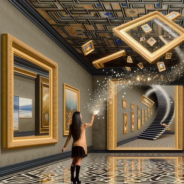 Surrealistische appreciatie voor kunst en schoonheid in Escher-stijl museum Persoon toont diepe appreciatie voor kunst in een surrealistisch museum met zwevende schilderijen en optische illusies in de stijl van M.C. Escher