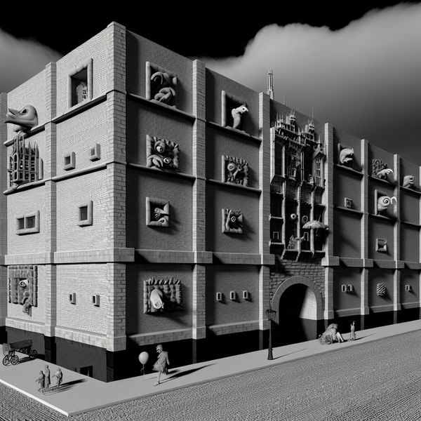 Surrealistische architectuur geïnspireerd door Hieronymus Bosch Surrealistisch architectonisch tafereel met een grote rechthoekige gebouw met fantasierijke motieven en vreemde wezens die uit de ramen kijken, op een kasseistraat vol bizarre karakters.