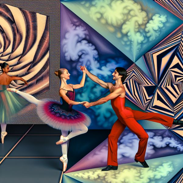 Surrealistische Ballet en Salsa Dans Surrealistische dansscene met ballet en salsa, waarbij een balletdanseres in tutu een arabesque uitvoert en een stel salsadansers de levendige bewegingen van hun dans uitdrukt.