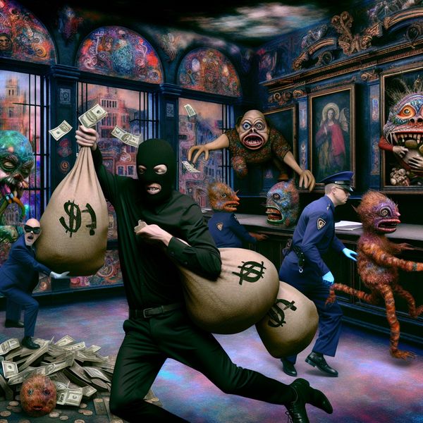 Surrealistisch beeld van een chaotische bankoverval met een gemaskerde misdadiger die vlucht met geldzakken, omringd door bizarre wetshandhavingsfiguren in een vreemde bank interieur.