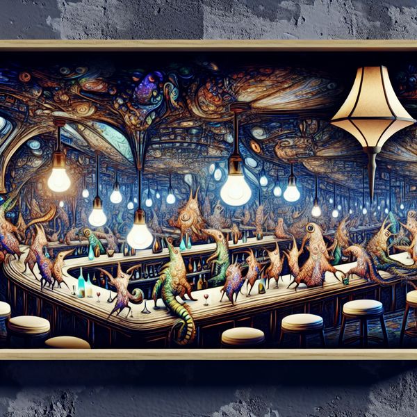 Een surrealistische barscene in een fantasiehotel met bizarre wezens en gasten onder sfeervol, dim licht.