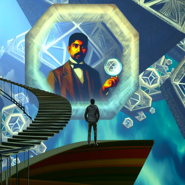 Surrealistische afbeelding van een belofte in formele setting Surrealistische geometrische afbeelding van een man in formele kleding die een grote, gloeiende spreekbubbel met het woord 'Belofte' vasthoudt, omringd door onmogelijke trappen en reflecties.