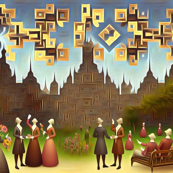 Surrealistische stadscène van beschaafde samenleving in Escher-stijl Surrealistische stadsscene met mensen die beleefdheid en respect tonen in een stijlvolle omgeving.