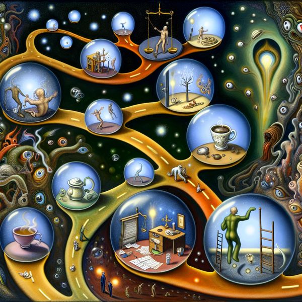 Surrealistisch tafereel in de stijl van Hieronymus Bosch met een persoon omringd door zwevende bollen die keuzes symboliseren, zoals koffie, thee en carrièrepaden, in een droomachtige, symbolische omgeving
