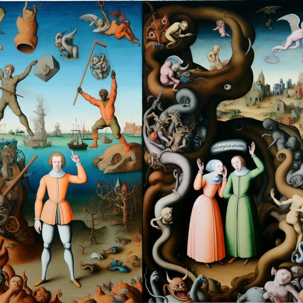 Surrealistisch beeld geïnspireerd door Hieronymus Bosch, met een heldhaftige figuur die triomfantelijk staat boven een hoop obstakels, omringd door vreemde wezens die afleiding en twijfels symboliseren.