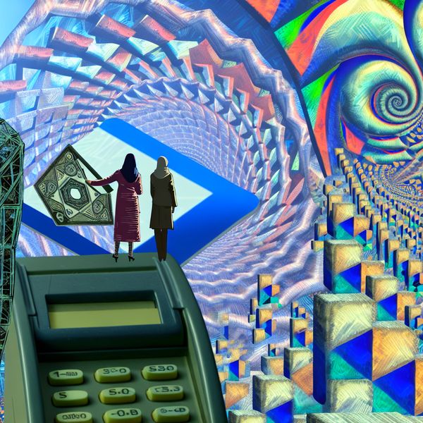 Surrealistische Betaling met Creditcard in een Futuristische Setting Surrealistische scène waarin een vrouw betaalt met een creditcard aan een futuristische kassa, omgeven door geometrische patronen en onmogelijke constructies.