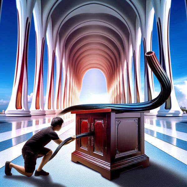 Persoon die een prachtige houten kast verplaatst met een glanzende draad in een surrealistische omgeving