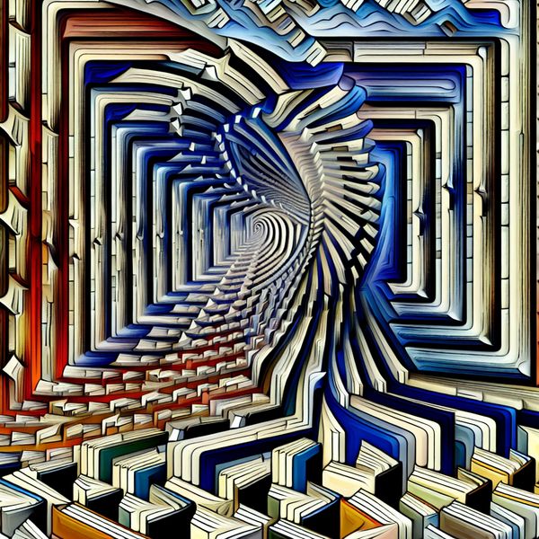 Surrealistische bibliotheek en optische illusie geïnspireerd door M.C. Escher Surrealistische afbeelding van een bibliotheek in Escher-stijl, met boeken in geometrische patronen en een vortex van pagina's die kennis symboliseren.
