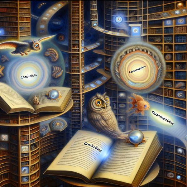 Surrealistische bibliotheek met uilen en vissen die verslagsecties vertegenwoordigen Een surrealistische bibliotheek met bizarre wezens, waaronder een uil op een boek genaamd 'Conclusies' en een zwemmende vis met een bril bij het boek 'Aanbevelingen'