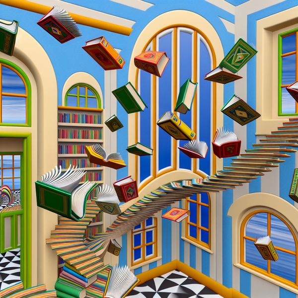 Surrealistische bibliotheek met vliegende boeken en culturele oorsprong Surrealistische bibliotheek met boeken die uit de ramen vliegen, geïnspireerd door M.C. Escher