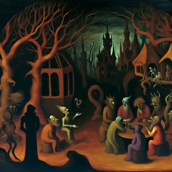 Een surrealistische afbeelding van een bizarre bijeenkomst met vreemde wezens in een duistere omgeving, met een schimmige derde partij die toekijkt.