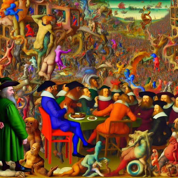 Surrealistische bijeenkomst geïnspireerd door Bosch Een surrealistisch tafereel met een centrale figuur die de dynamische discussie tussen diverse karakters observeert, geïnspireerd door de stijl van Hieronymus Bosch.