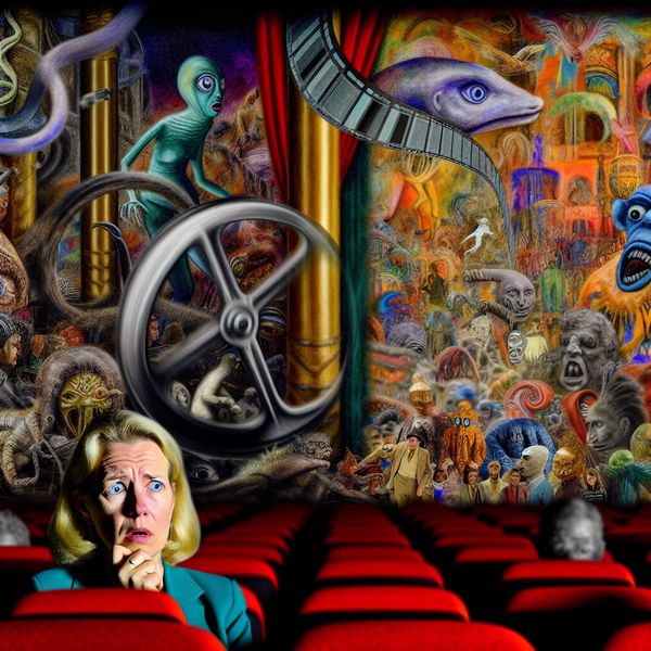 Surrealistische bioscoopervaring met bizarre figuren Een verontruste bioscoopbezoeker in een surrealistisch decor vol bizarre wezens en een chaotisch filmscherm.